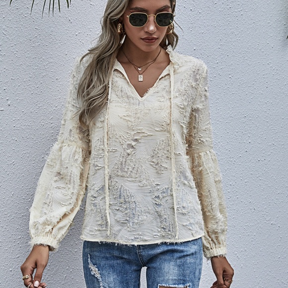 cream front tie feather neck tie long sleeve top - Picture 4 of 7